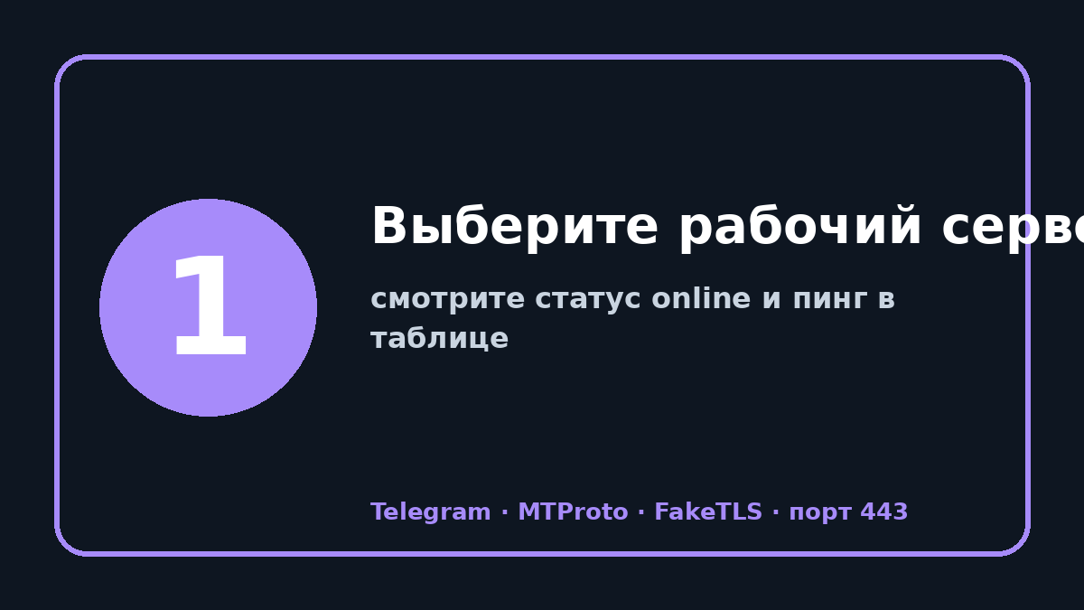 Прокси телеграм 2026: шаг 1 — Выберите рабочий сервер